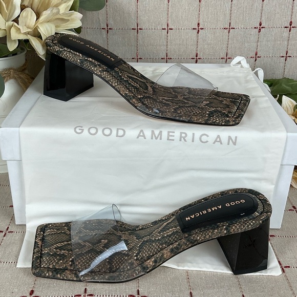 Good American Shoes - Good American Block Heel Slide Sandals Desert Snake GA119K-X New Dust Bag Size 6